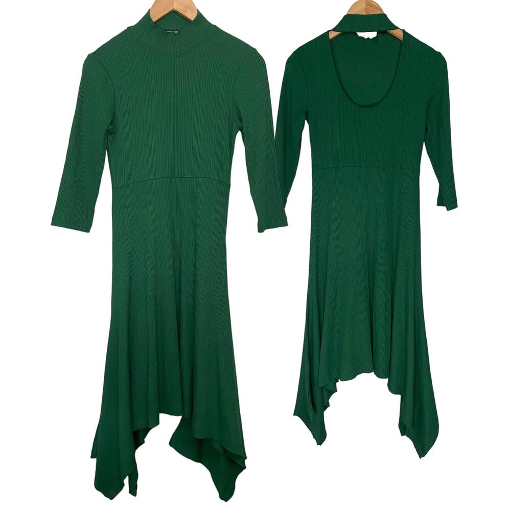 Anthropologie Ribbed Midi Green Dress Small Asymmetrical Preppy Minimalist